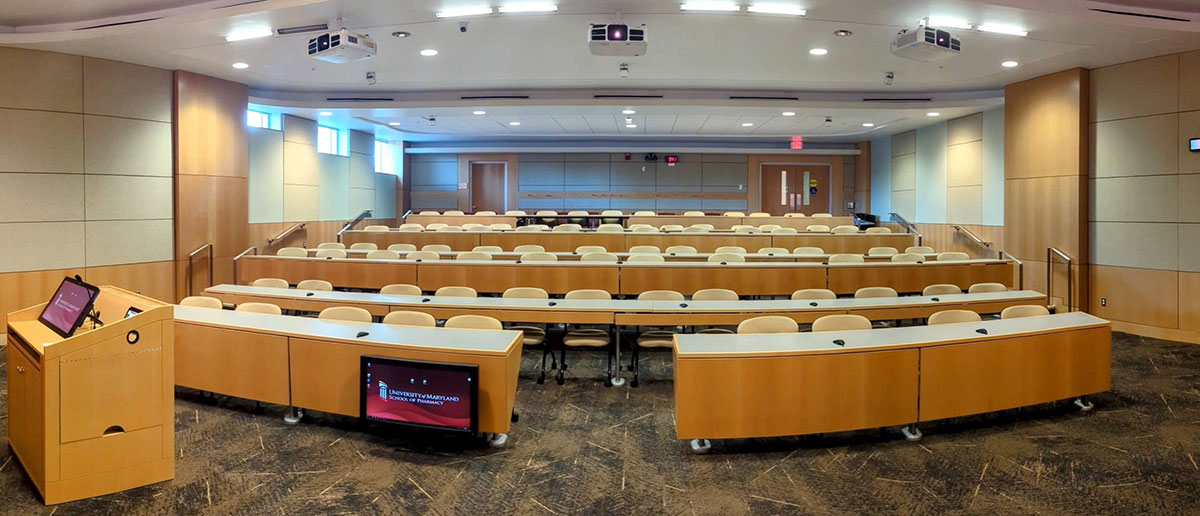 Medium lecture hall in Pharmacy Hall North, viewed from the front.