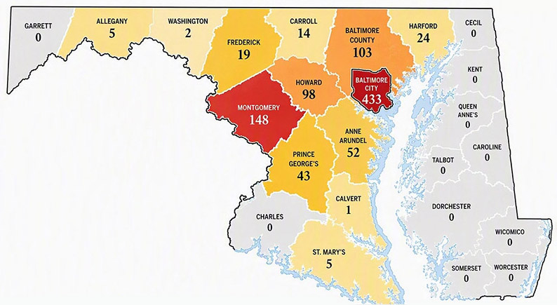 Map of Maryland showing ELP Rotations by county