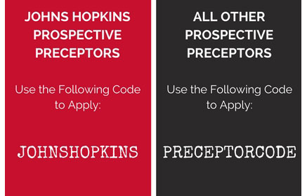 Red box indicating the code for Johns Hopkins prospective preceptors is 'JOHNSHOPKINS' and a black box indicating all other prospective preceptors should use code 'PRECEPTORCODE'