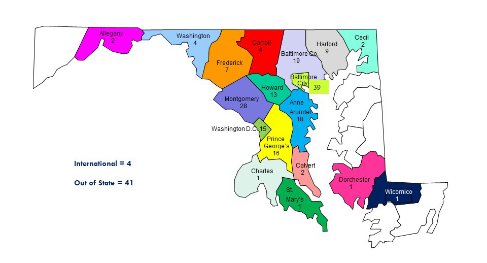 Map of Maryland with ELP rotation placements. Out of state is 41 and international is 4.