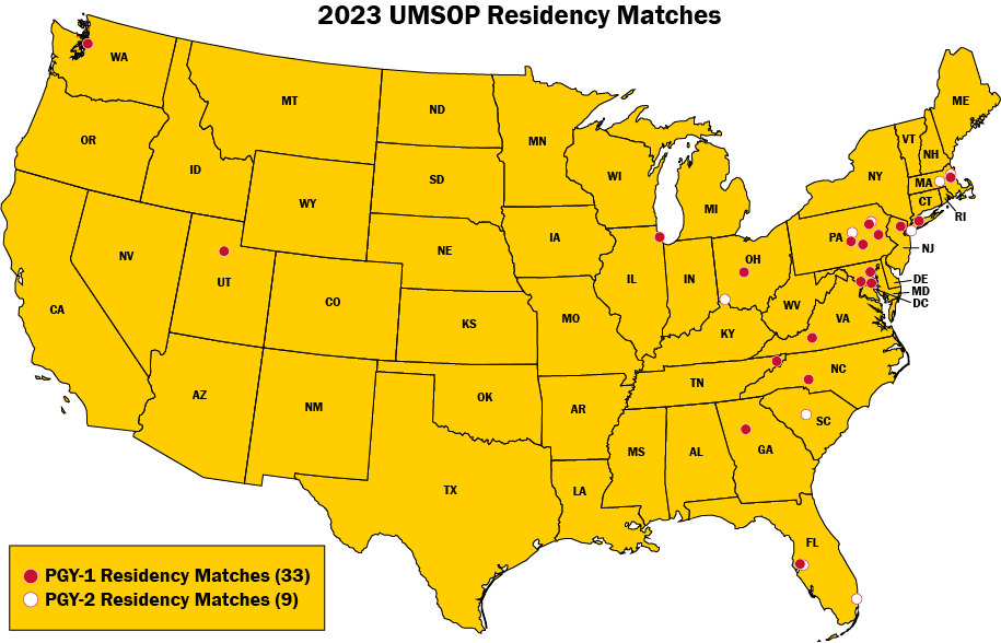 Map of the United States showing matches for the first and second post graduate year for UMSOP alumni in 2023.