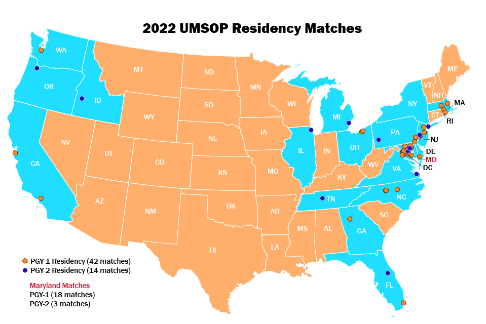 Map of the United States showing matches for the first and second post graduate year for UMSOP alumni in 2022.