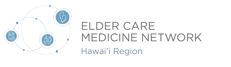 Logo for the Elder Care Medicine Network Hawaii Region. On the left are small graphics indicating a heart, people exercising, and medication.