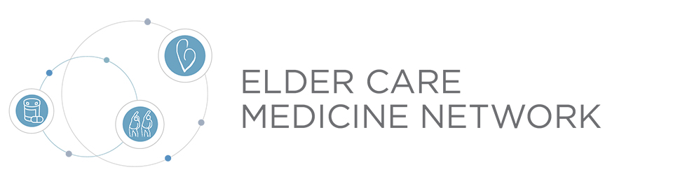 Logo for the Elder Care Medicine Network. On the left are small graphics indicating a heart, people exercising, and medication.