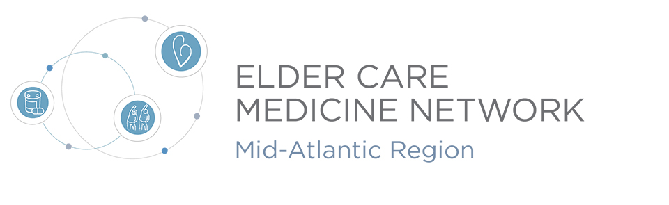 Logo for the Elder Care Medicine Network Mid-Atlantic Region. On the left are small graphics indicating a heart, people exercising, and medication.