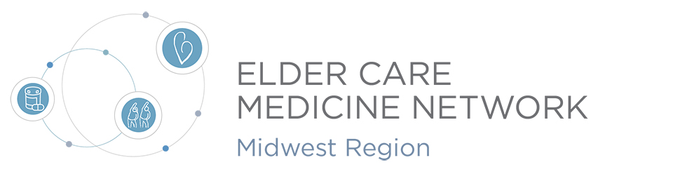 Logo for the Elder Care Medicine Network Midwest Region. On the left are small graphics indicating a heart, people exercising, and medication.