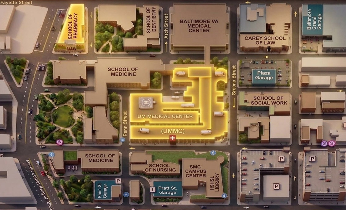 graphic map showing that UMB's the School of Pharmacy is very close in proximity to the University of Maryland Marlene and Stewart Greenebaum Comprehensive Cancer Center