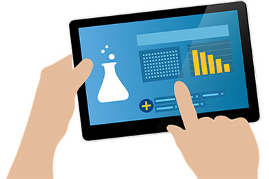 Illustration of mobile tablet device with scientific markings on screen and a hand pointing on the screen.