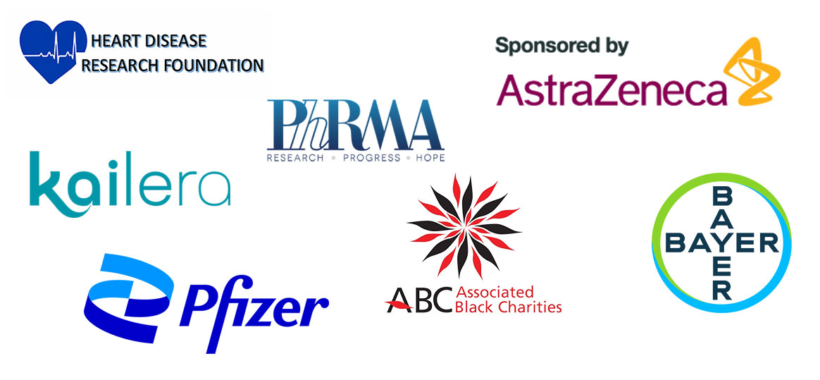 Collage of logos including Heart Disease Research Foundation, PhRMA, AstraZeneca, Kailera, Pfizer, Associated Black Charities, and Bayer.