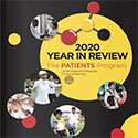 Black background filled with yellow and red dots, interspersed with photos from events hosted by The PATIENTS Program.
