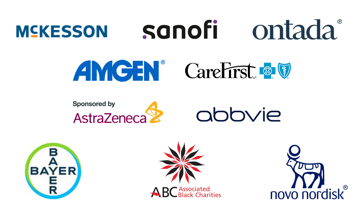 Logos for Novartis, Bayer, AstraZeneca, Janssen, PhRMA, and Lilly.