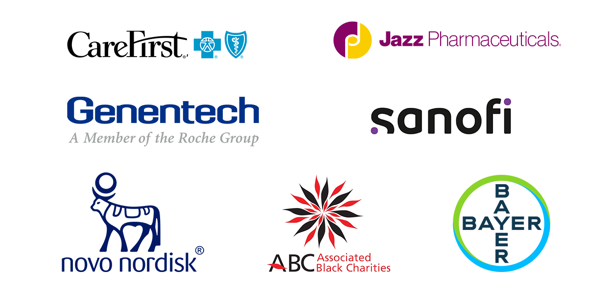 Logos for Carefirst, Jazz Pharmaceuticals, Genentech, Sanofi, Novo Nordisk, Bayer, and Associated Black Charities.